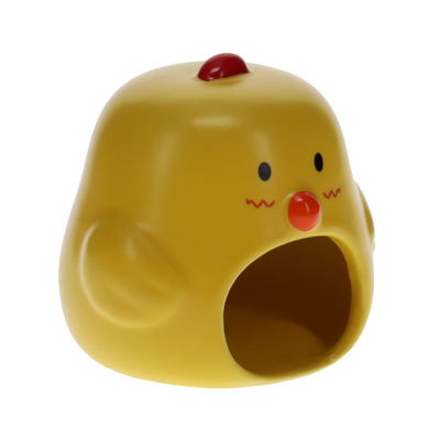 Boneco decorativo amarelo em forma de galinha com bico vermelho e abertura frontal