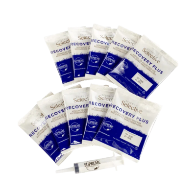 Pacotes do produto Selective Recovery Plus e seringa para pequenos herbívoros
