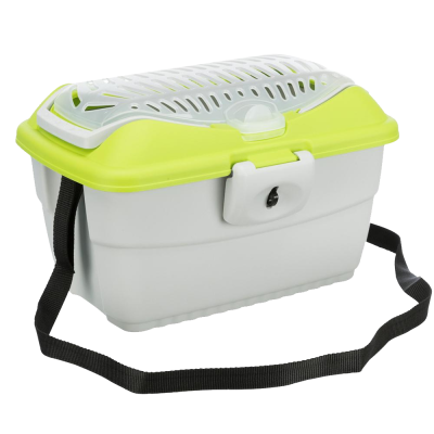 Transportadora de animais pequena branca com tampa verde-limão ventilada e alça preta.