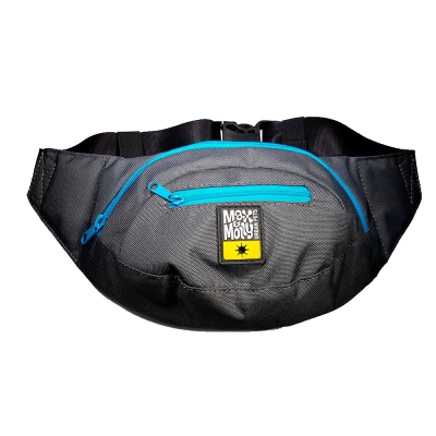 Cinto de correr preto com fecho de correr azul e etiqueta Max & Mouy