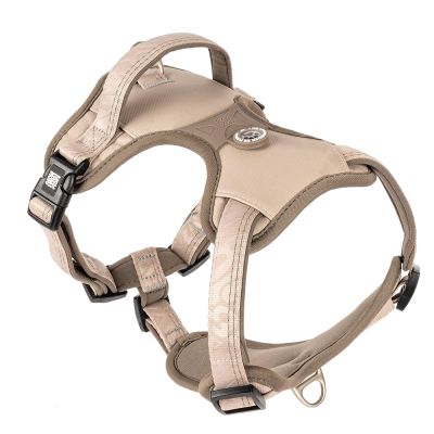 Peitoral para cão bege com fivela preta e selo circular prateado