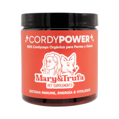 Frasco de suplemento Mary&Trufa para cães e gatos com etiqueta laranja e texto branco