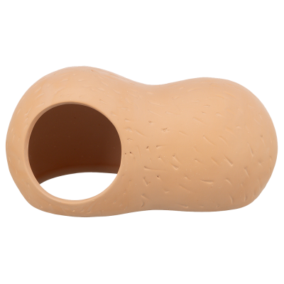 Casa-abrigo bege para pequenos animais com abertura circular e textura imitando madeira