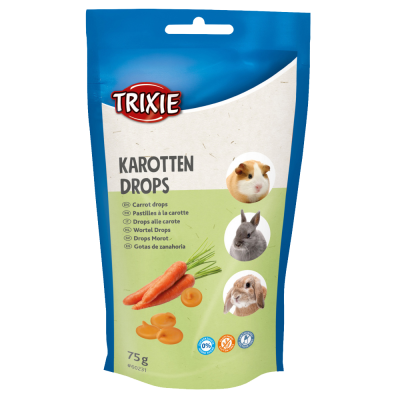 Pacote TRIXIE Karotten Drops para pequenos animais com imagens de porquinho-da-índia e coelhos