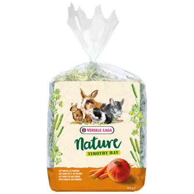 Embalagem de feno Nature Timothy Hay para pequenos roedores com ilustrações de animais e textos em inglês