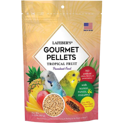 Pacote de pellets gourmet para pássaros Tropical Fruit com frutas tropicais e dois periquitos
