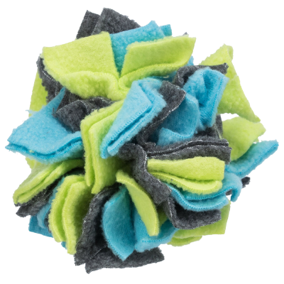 Bola de tecido em feltro azul, verde-limão e cinza