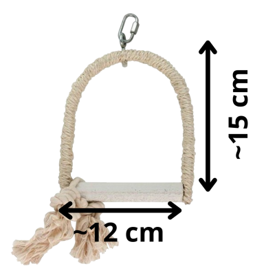 Baloiço pendurado para aves com madeira, corda natural e gancho metálico