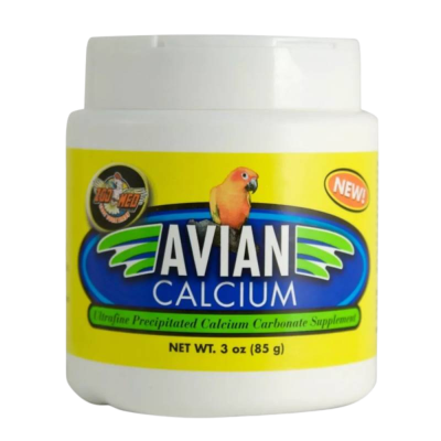 Frasco branco com suplemento Avian Calcium para aves com rótulo amarelo e azul