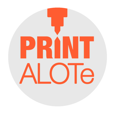 Texto laranja PRINT ALOT e com ícone de impressora em fundo cinzento