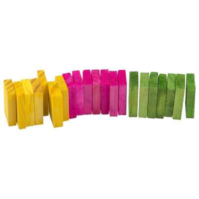 Conjuntos de blocos de madeira coloridos em amarelo, rosa e verde.