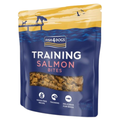 Embalagem de snacks para cães Fish4Dogs Training Salmon Bites azul e amarelo com janela transparente