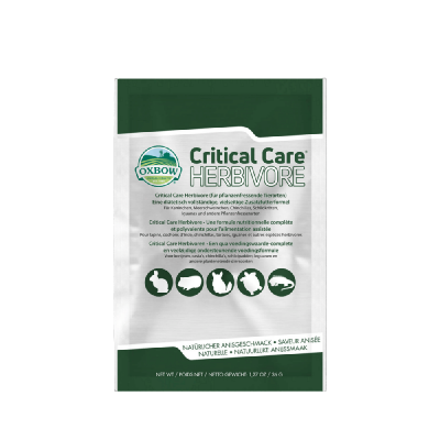 Embalagem de produto Critical Care HERBIVORE Oxbow para animais, branco e verde com texto e ícones