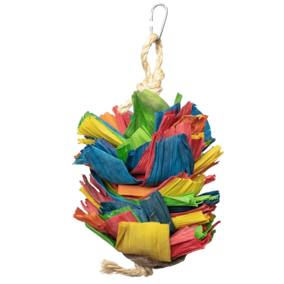Brinquedo colorido de papel e madeira para aves com corda e grampo