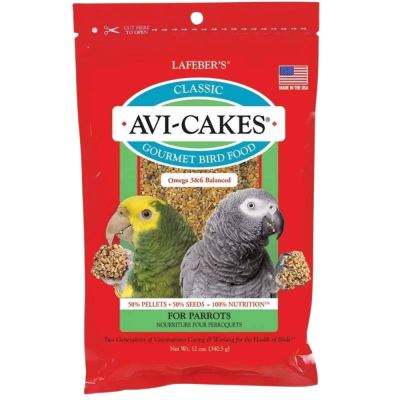 Pacote vermelho de comida para papagaios LAFEBS AVI-CAKES com imagem de papagaios e sementes