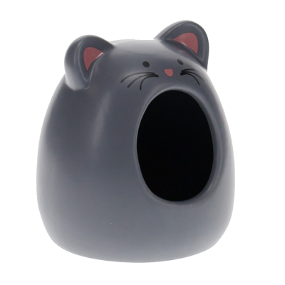 Casinha de animal cinza com formato e rosto de gato