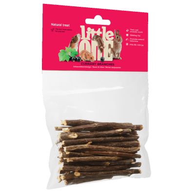 Pacote transparente com paus de ramos de groselha da marca Little One, rótulo vermelho com imagens de pequenos animais.