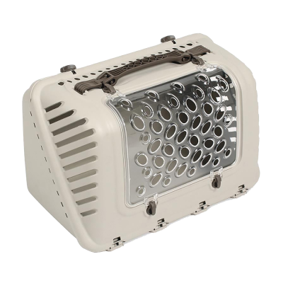 Transportadora para animais creme com porta transparente perfurada e pega castanha