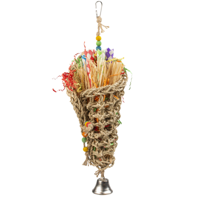 Brinquedo pendurado de corda trançada com papéis coloridos e sino prateado para aves