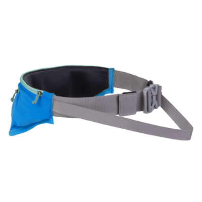 Bolsa de cintura azul com correia cinzenta e fivela