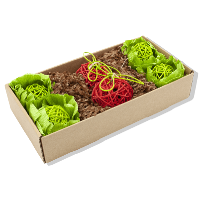 Caixa com bolas decorativas de rattan verde e vermelho com enchimento de papel