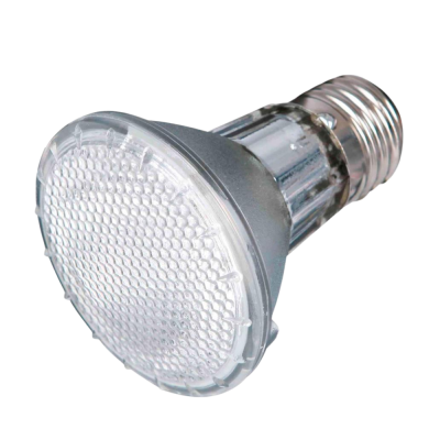 Lâmpada LED com base metálica e cobertura translúcida hexagonal