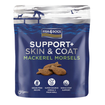Embalagem de ração para cães Fish 4 Dogs Support+ Skin & Coat Mackerel Morsels.
