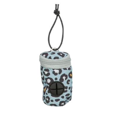 Estojo pequeno cilíndrico com padrão animal azul claro e cordão preto para pendurar