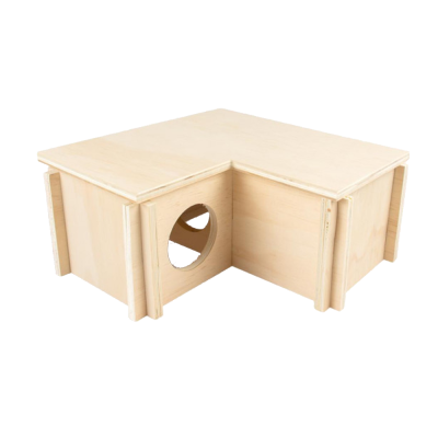 Estrutura de madeira clara em forma de L com furo circular