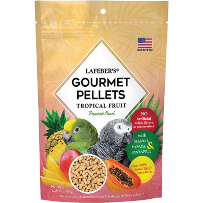 Embalagem de pellets gourmet tropical para papagaios com frutas e textos informativos.