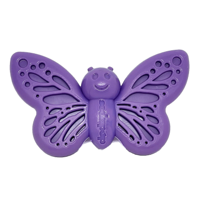 Borboleta decorativa roxa em plástico com asas abertas e recortes