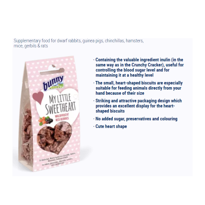Embalagem rosa com bolachas em forma de coração para pequenos animais da marca Bunny