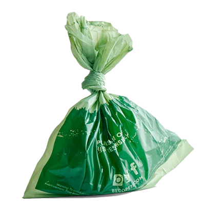 Saco plástico verde atado com texto branco e símbolos de redes sociais