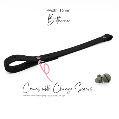 Correia preta flexível com parafusos Chicago e texto informativo