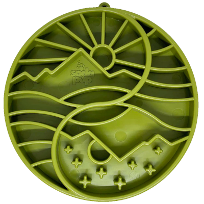comedouro lento interativo para cães verde de plástico com divisões e texto 'dog slow pop'