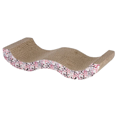 Arranhador ondulado para gatos em cartão reciclado com decoração geométrica rosa e preta