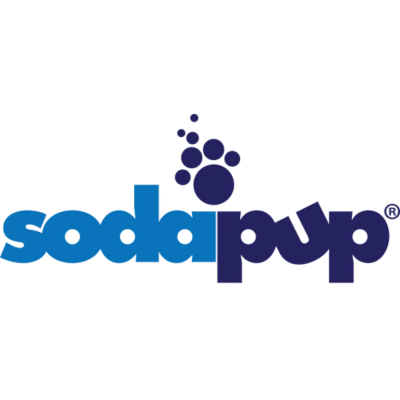 Logótipo com texto azul e preto soda pup e bolhas