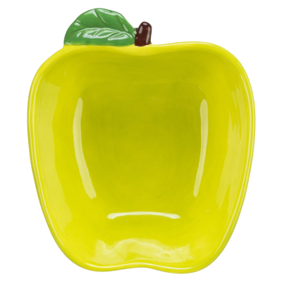 Prato cerâmico decorativo em forma de maçã amarela com folha verde