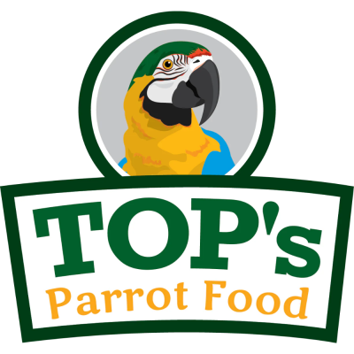 Logotipo com papagaio e texto TOPs Parrot Food