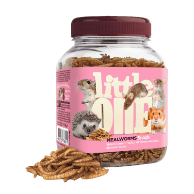 Frasco de vermes secos para pequenos animais com etiqueta rosa e imagens de roedores
