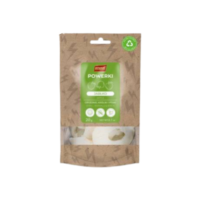 Embalagem de snacks Vitapet POWERKI sabor maçã castanha com etiqueta verde e visor transparente