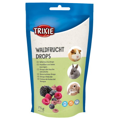 Pacote de pastilhas para animais com frutas silvestres e imagens de roedores