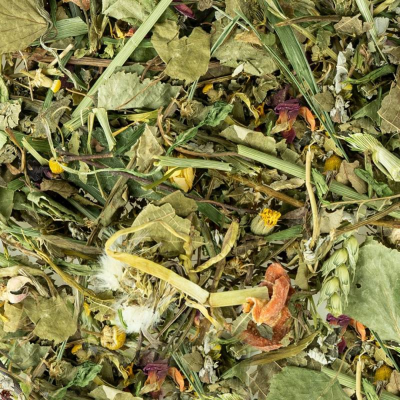 Mistura de ervas secas com várias folhas, flores e caules