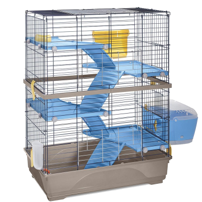Gaiola para pequenos roedores com andares azuis e acessórios amarelos e transparentes
