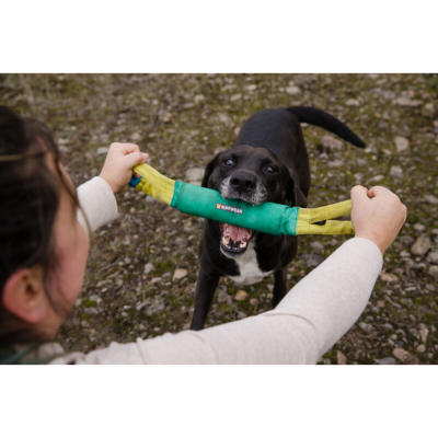 Cão preto com brinquedo verde e amarelo RUFFWEAR nas mãos de pessoa com manga comprida creme
