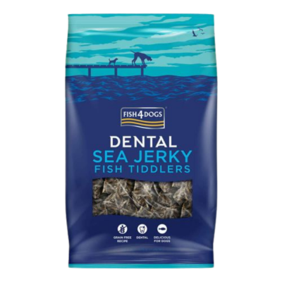 Embalagem azul com snacks secos para cães FISH4DOGS Dental Sea Jerky Fish Tiddlers