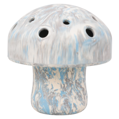 Vaso de cerâmica em forma de cogumelo com padrão marmoreado azul, branco e cinza