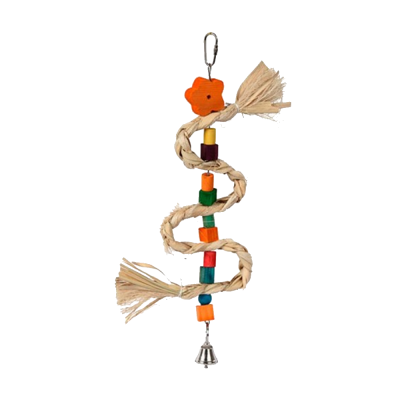 Brinquedo para pássaros colorido com corda, contas, flor de madeira e sino