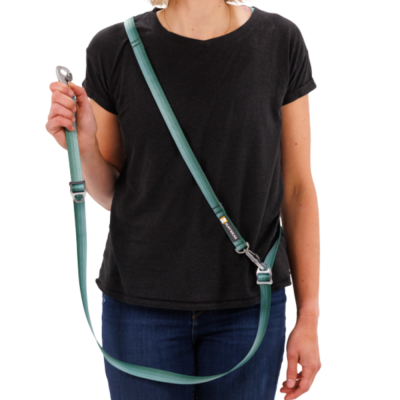 Pessoa com t-shirt preta e jeans azuis segurando uma trela verde para cão com fecho metálico