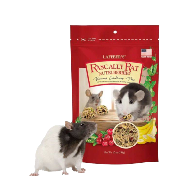 Pacote vermelho de alimento para ratos e rato preto e branco